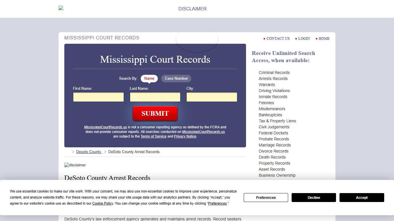 DeSoto County Arrest Records MississippiCourtRecords.us